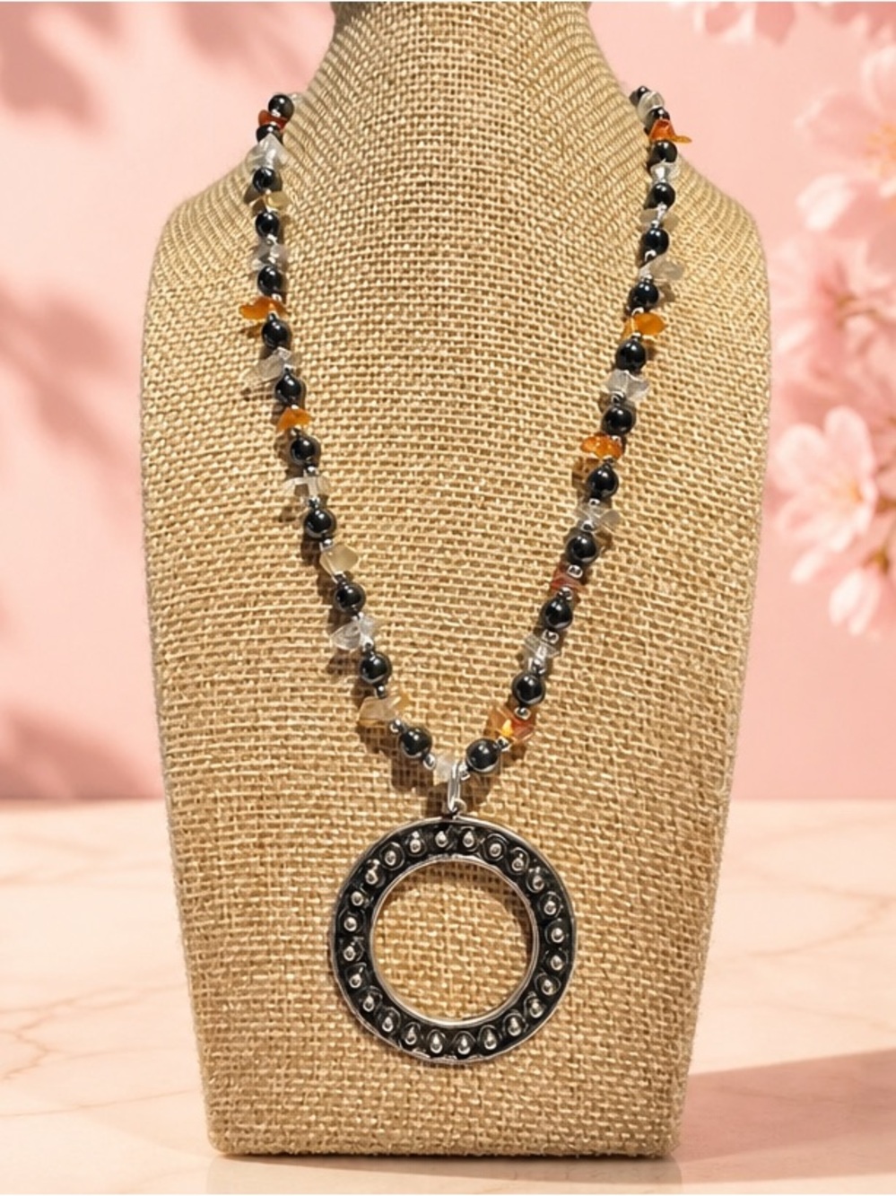 Vintage Hematite & Raw Quartz, Amber glass Circle Pendant Necklace
